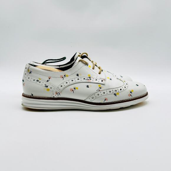 Cole Haan Shoes Womens 5.5 White Leather Floral Oxfords Wingtip Grand Os Sneaker - Picture 1 of 13